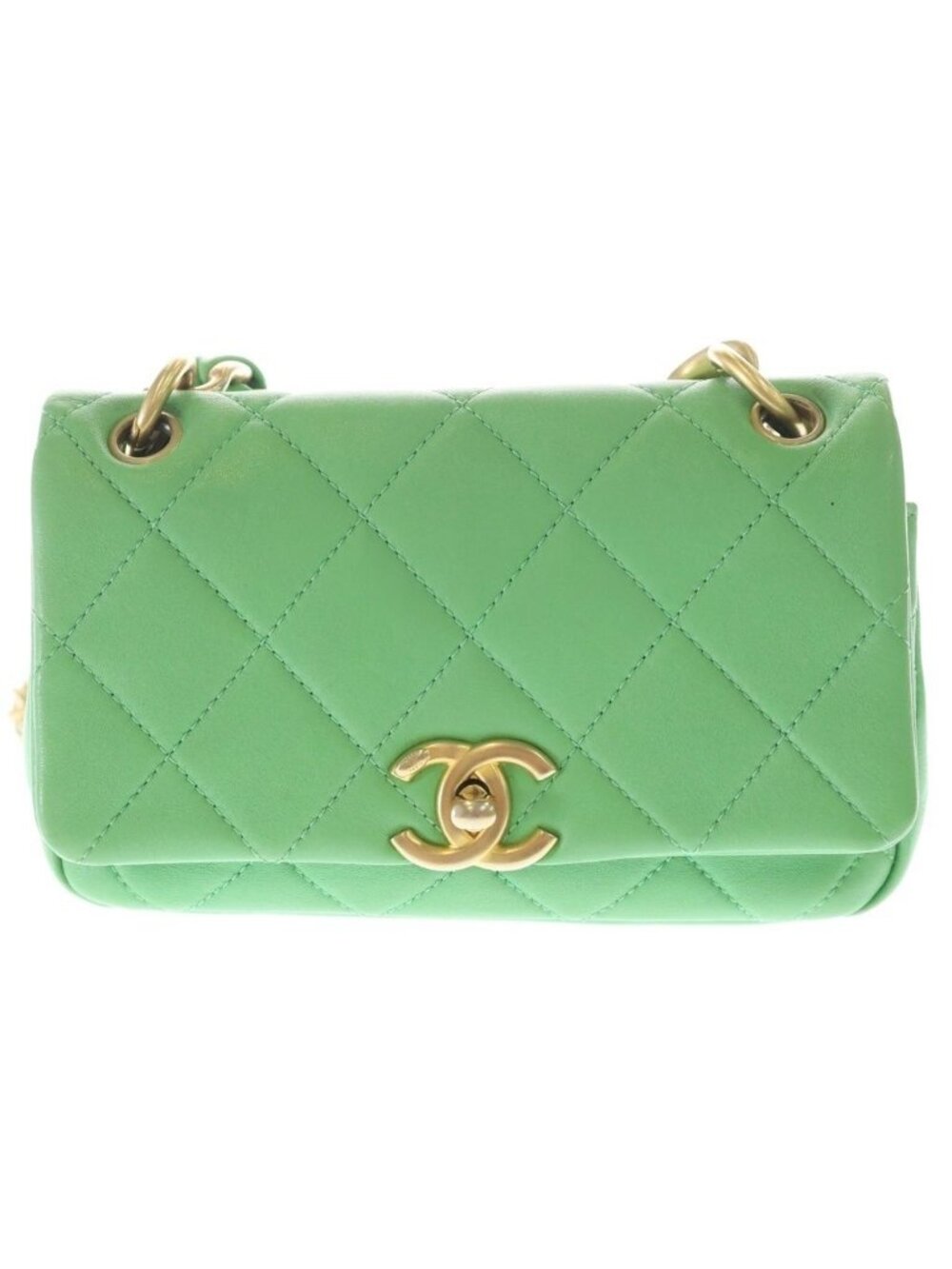 Chanel Quilted 18 Lambskin Leather Chain Shoulder Bag Gold Green